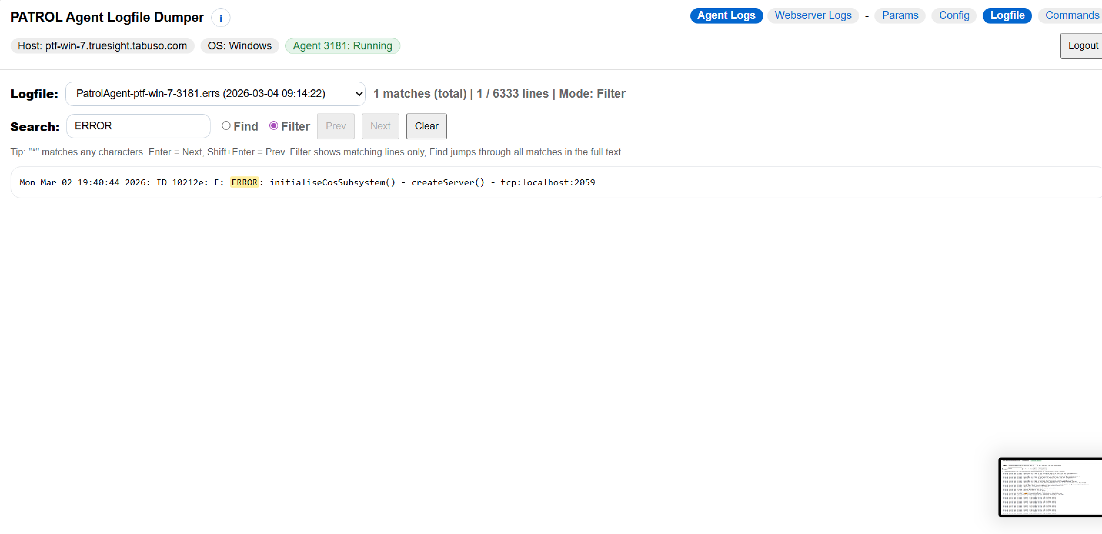 Logfile Dumper with Agentlogs and Filter